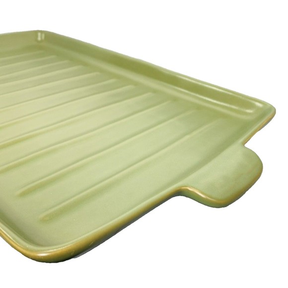 Longaberger Flameware SAGE Grill Pan Pottery Server Cookware 18" x 10" Green - Picture 3 of 14